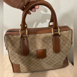 CELINE Suede & Leather Boston Bag - Suede with mini Celine logo exterior